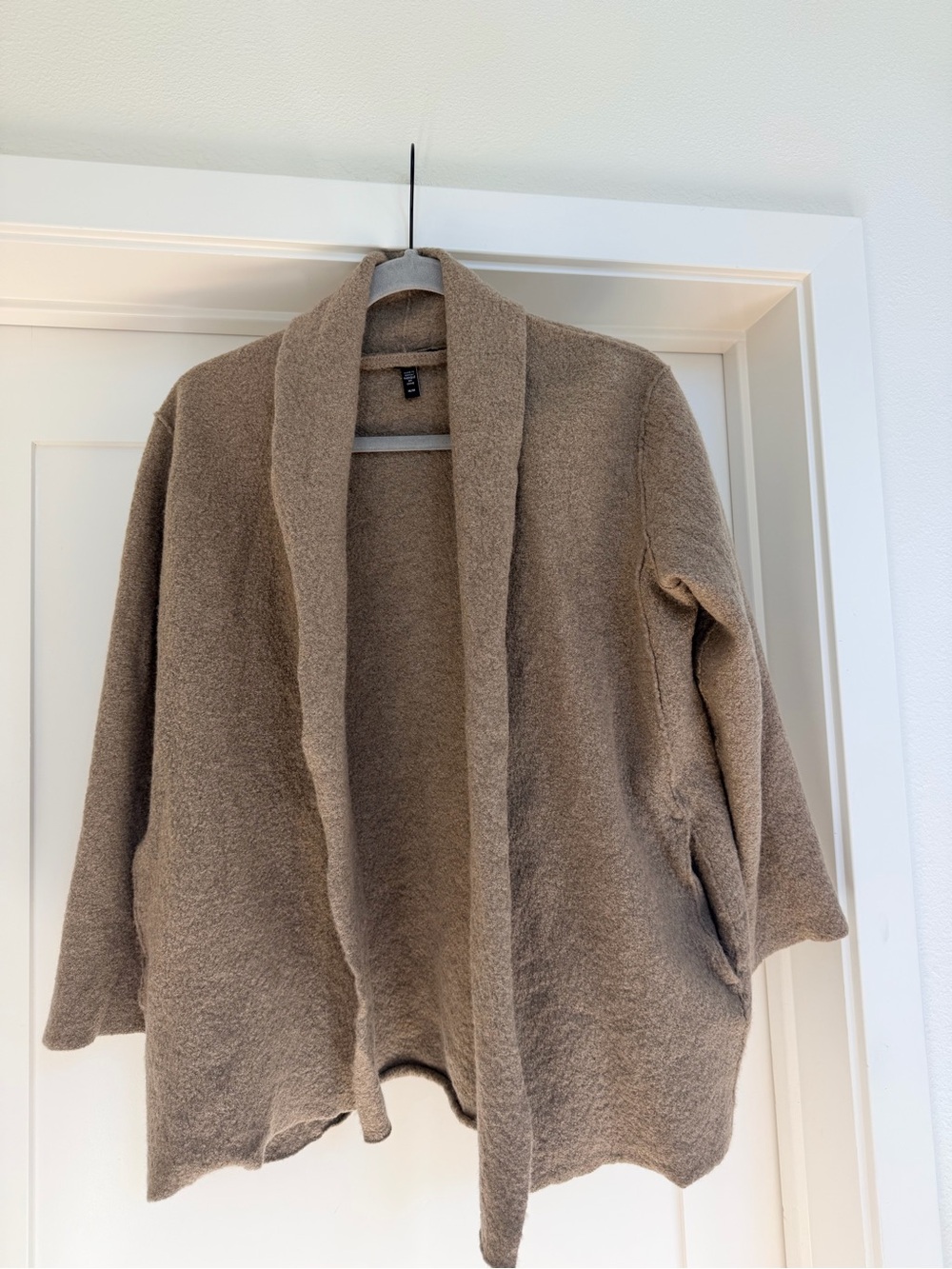 Eileen Fisher Boiled Wool Shawl Collar Cardigan Jacket M Taupe Tan Open Front